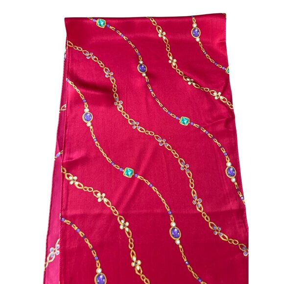Liz Claiborne Red Silk Scarf With Gold Chain & Jewel Print Accents 56" x 11” Ele - Picture 3 of 3
